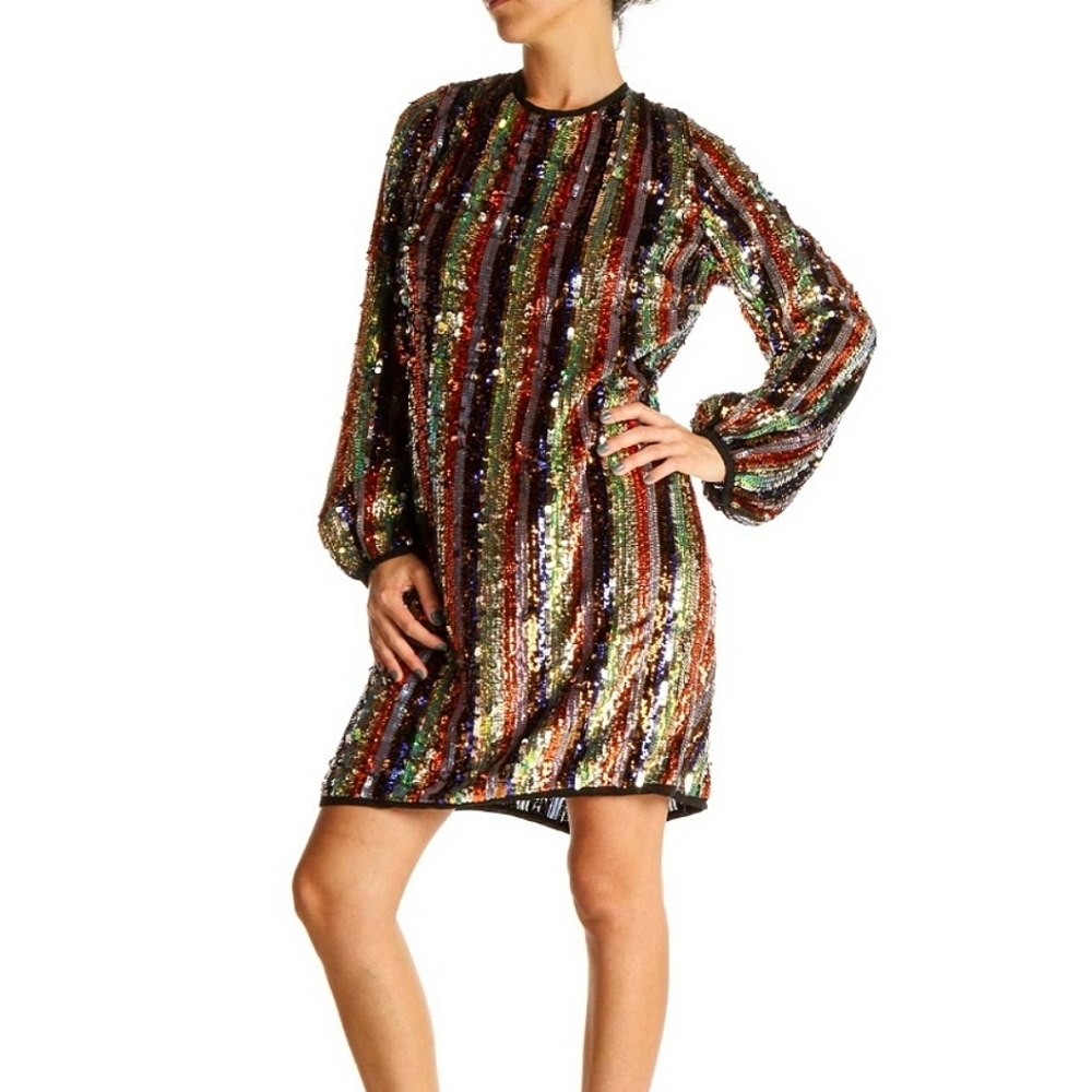 NWT Eva Mendes NY & Co Rainbow Sequin Striped Oversized Shift Party Dress Glam M